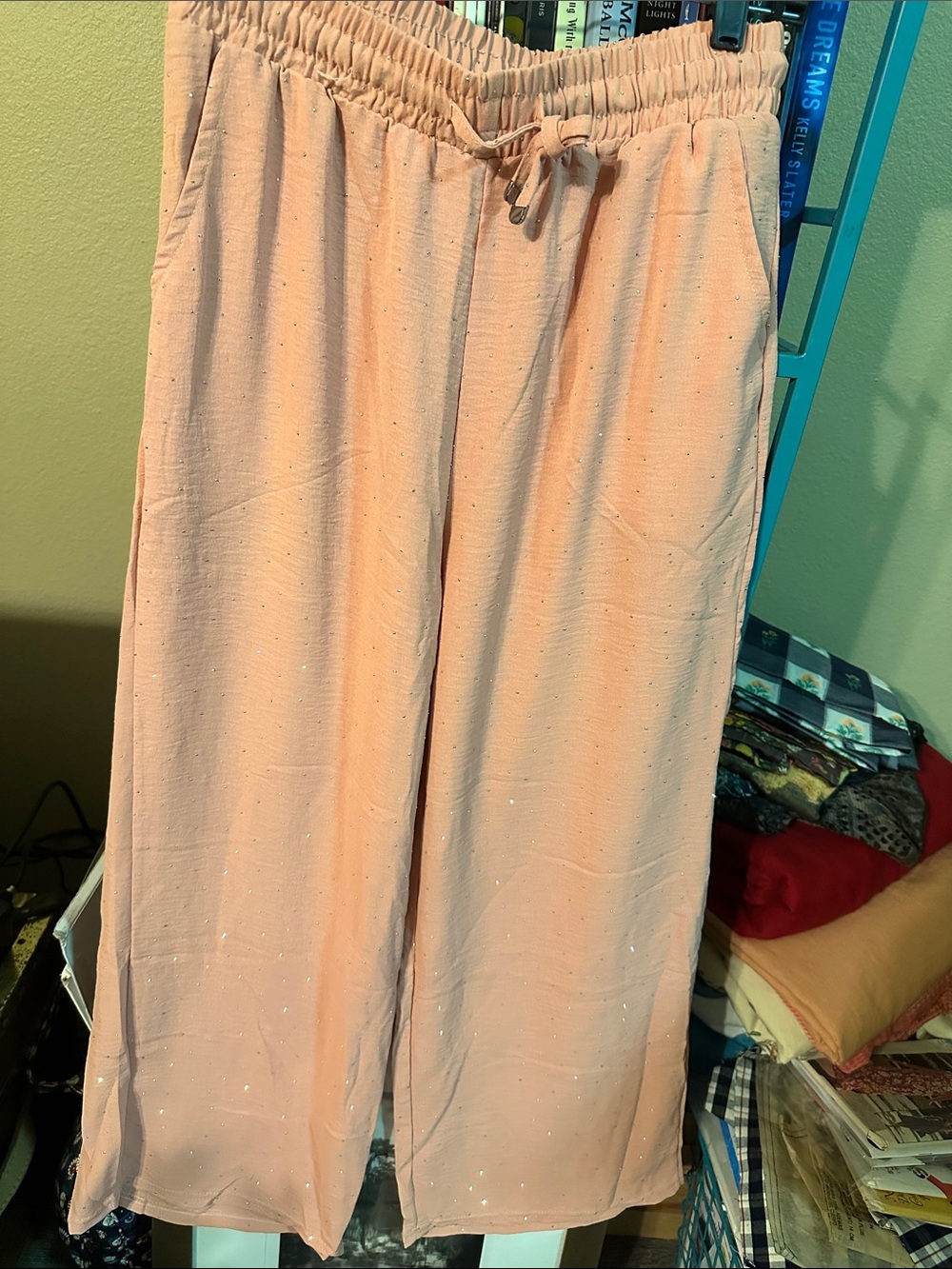 Terracotta Blush Drawstring Wide-Leg Lounge Pants with Rhinestones